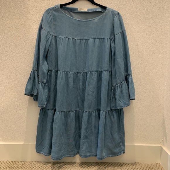 Zara Dresses & Skirts - ZARA Premium Denim Collection Blue Chambray Dress Tiered Bell Sleeve-small